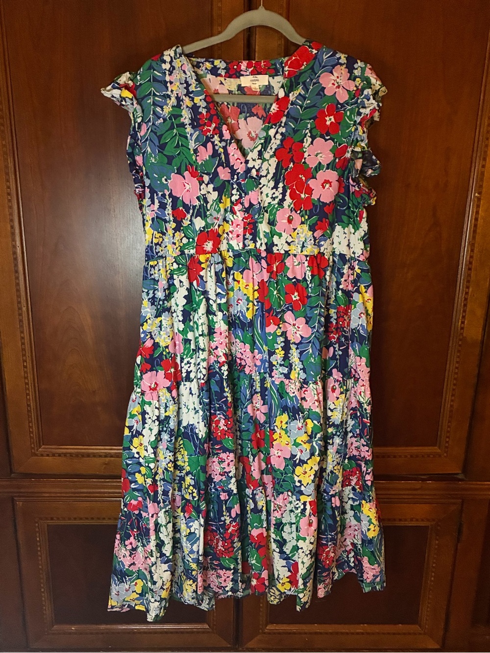 entro Floral V-Neck Midi Dress in Navy, Pink & Green